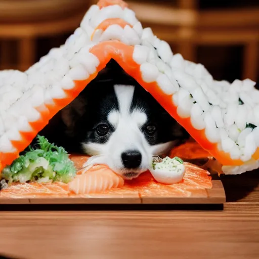 Prompt: a corgie in a house made of sushi . Photography.