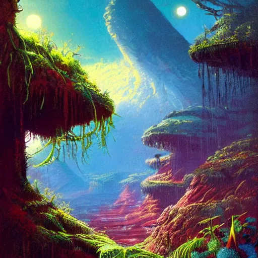 Image similar to beautiful illustration of a lush natural scene on an alien planet by paul lehr. science fiction. extremely detailed. beautiful landscape. weird vegetation. cliffs and water.