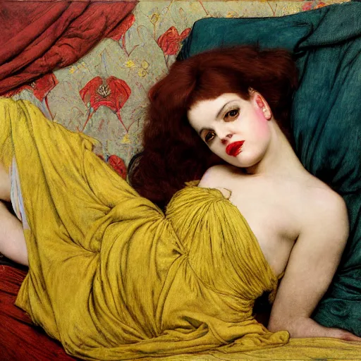 Prompt: reclining on bed, hybrid of judy garland and lady gaga, aged 2 5, brown fringe, huge downslanted eds eyes, large full lips, wide shot, yellow ochre ornate medieval dress, john william waterhouse, kilian eng, rosetti, john everett millais, william holman hunt, william morris, 4 k