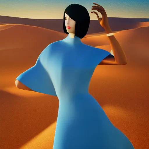 Image similar to innovative avant-garde art, deco fashion, asian women, wearing sky blue dress, highly detailed, photorealistic portrait, serene desert setting, golden hour, crisp quality and light reflections, unreal engine 5 quality render, 4k, by Rei Kawakubo