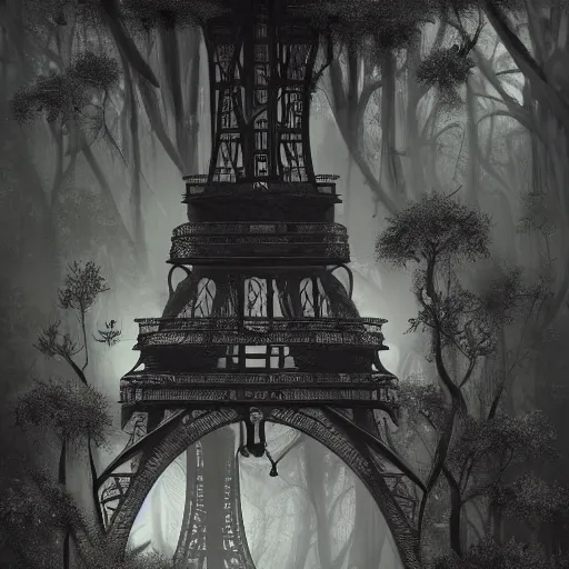 Prompt: steampunk mechanical machine reminiscent of eiffel tower surrounded by dense mystic forest with lush vegetation and vines hanging from tree branches, fog, desaturated, creepy ambiance, sharp focus, highly detailed, artgerm, cgsociety, desaturated, adventure, giger