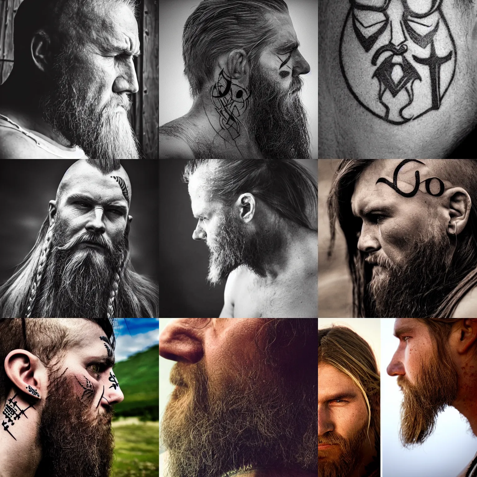 Prompt: Viking face in profile, with rune tattoos on the face, soft light, only face