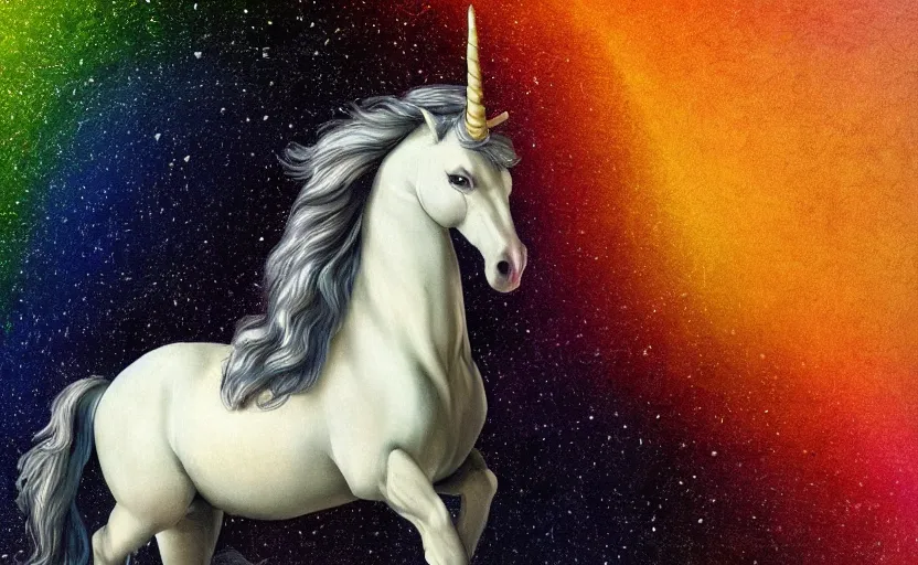 Image similar to a lonely unicorn walking on a rainbow in the universe in the style of Caravaggio, digital art, high quality, highly detailed, high coherence, anatomically correct, Caravaggio, concept art, marterpiece