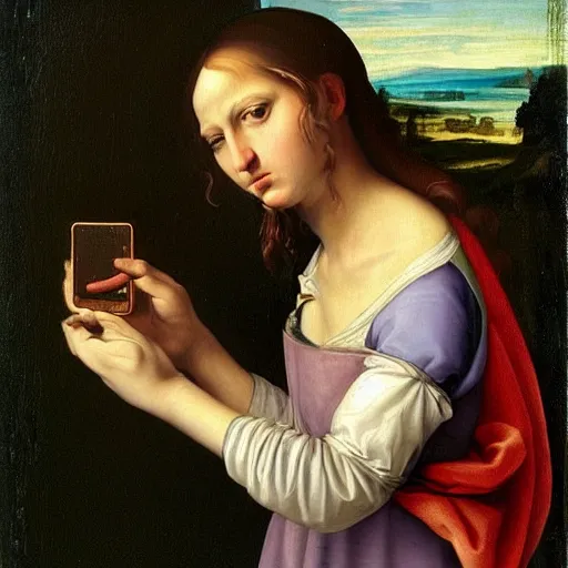Image similar to Renaissance painting of a grumpy teenager using her Nokia 3310