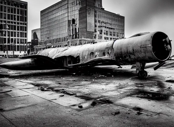 Image similar to black and white photograph of a crashed military jet in downtown kansas city missouri, rainy and foggy