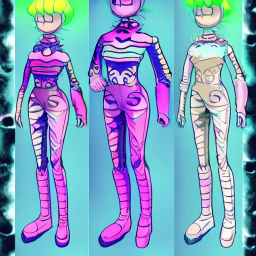 Prompt: official character sheets for a new sea angel casual feminine biomech suit, glass helmut revealing characters face, wearing an oversized sweater, standing beside a sea sheep, art by tim schafer black velvetopia art for psychonauts from double fine studios, art by splatoon from nintendo, black light rave, bright neon colors, apocalypse