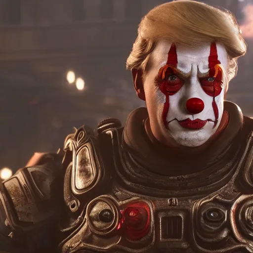 Image similar to donald trump as a clown in gears of war, splash art, movie still, cinematic lighting, ray tracing, detailed face, octane render, long lens, shallow depth of field, bokeh, anamorphic lens flare, 8 k, hyper detailed, 3 5 mm film grain