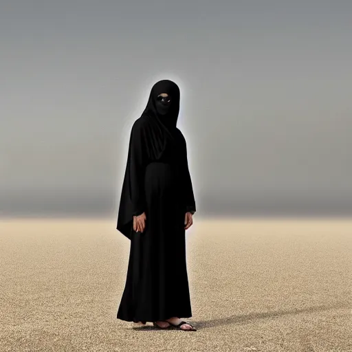 Image similar to A full body portrait of Emma Stone wearing Black Arabian Abaya, high quality, fully detailed, 4k, volumetric lightening