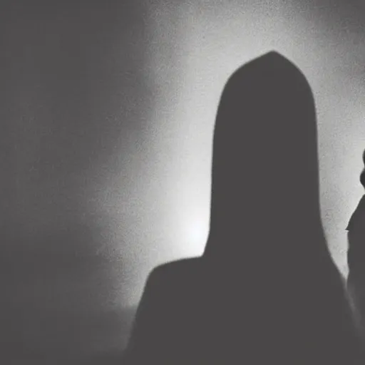 Prompt: A spooky and atmospheric selfie of a woman in a dark room, with a spooky filter applied, with a figure in the background, shrouded in darkness, in a Halloween style.