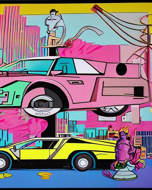 Image similar to Crockett and Tubbs and a white Countach, Miami Vice (1984), in the style of Alex Yanes and John Kricfalusi and Damien Hirst, muted pastel neon color surrealist cubist, tense design, detailed painting, spray art, spatter, collage, isolated on white, juxtapoz magazine, cartoon brew, golden ratio, rule of thirds