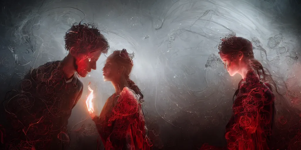 Prompt: wedding from hell, boy and a girl, by tom bagshaw and greg rutkowski, red fabric, fiber amethyst weaving into strands of smoke and brass and iron metal filigree joining into carbon fiber strands, fractal shapes, white explosions, dramatic lighting, ultra detail, close up, dof, smooth render, cinematic, octane render