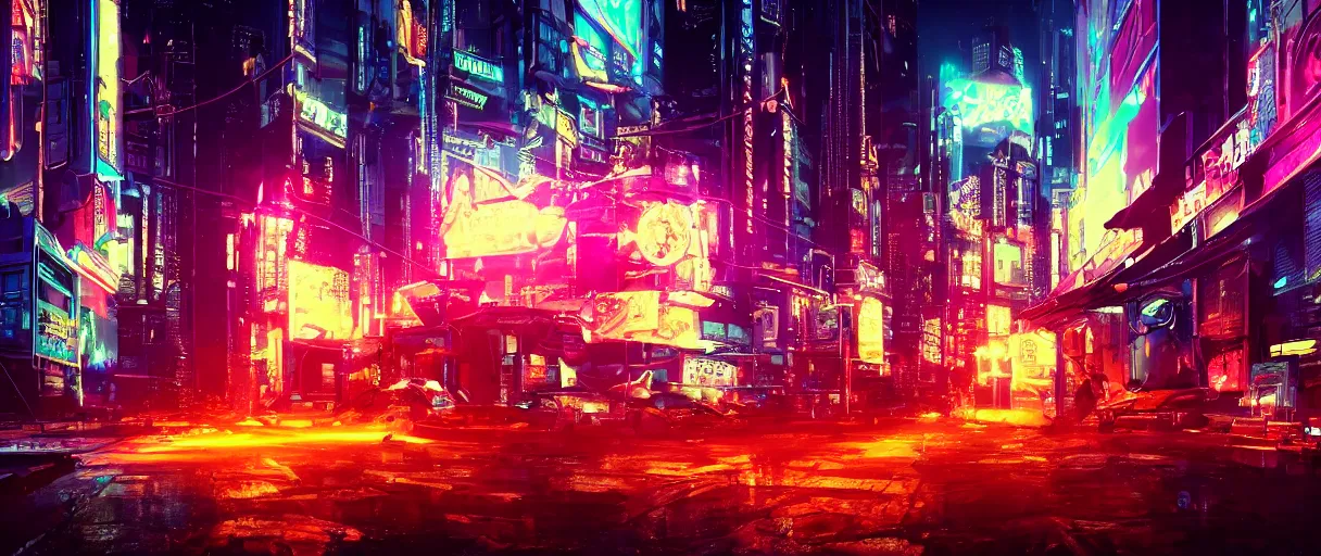 Image similar to an explosion in a glowing neon cyberpunk city at night , cinematic atmosphere, establishing shot