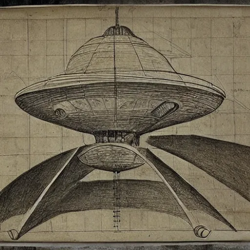 Image similar to vintage, detailed, pencil sketch of ufo! construction, all parts, with full descriptions, on old parchment, by leonardo da vinci!