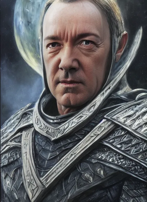 Image similar to armoured kevin spacey as sauron, by alan lee, lord of the rings, smooth, detailed terrain, oil painting, matte painting, concept art, trending on artstation, promotional artwork, film still, elegant, photorealistic facial features, intricate, detailed face, cinematic lighting