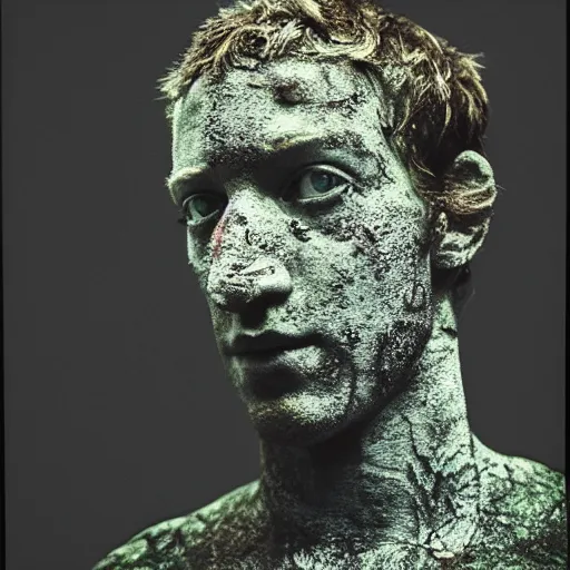 Image similar to Award-winning photograph by Cindy Sherman. The photo depicts a decaying roman bust of Mark Zuckerberg overgrown with moss at the bottom of the sea in the middle of ruins of civilization. Minimalism, high definition, perfect composition. Deep sea picture. Very dark. Volumetric Lighting. Fish. Darkness. Ruins