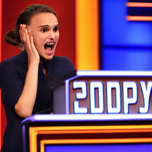 Prompt: natalie portman screaming on jeopardy game show