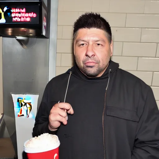 Prompt: Chino Moreno stands in line at McDonalds