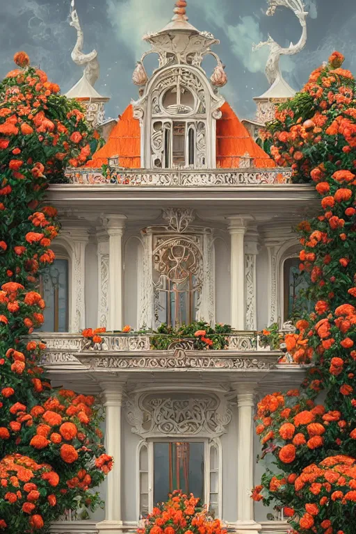 Image similar to The front of the white Rococo-style castle is full of roses, Art Nouveau Cosmic 4k Detailed Matte Illustration featured on Getty Images ,CGSociety, Jade and Carrot orange color scheme, Pastiche by Marc Simonetti, Pastiche by Cedric Peyravernay