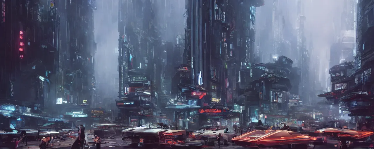 Prompt: close up ground level view of a futuristic bladerunner building and sidewalk busy with activity with of signages and billboards street venders and carts aliens and people with a floating cars on the streets by craig mullins, neil blevins, dylan cole, james paick, hyper realistic, night, environment fog, cinematic lighting, 8 k, vray render, artstation, deviantart,