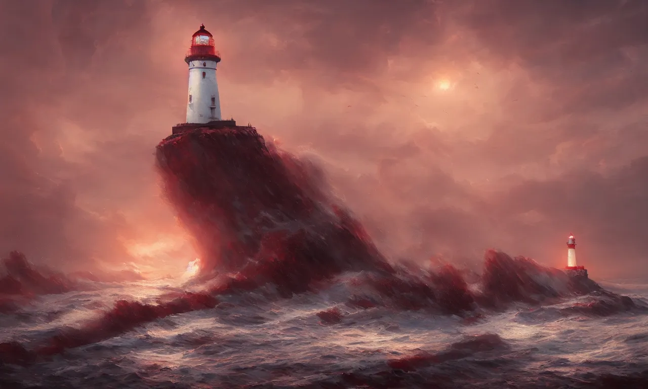 Prompt: a beautiful painting of a lighthouse seen at a distance shining it's light across a violent tumultuous sea of red blood by john blanche and greg rutkowski, trending on artstation, midjourney