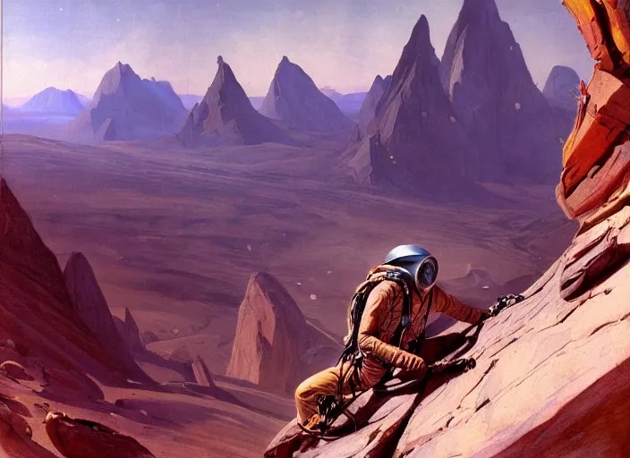Image similar to an alien in climbing gear climbing a mountain on an alien planet, matte painting, by isaac levitan and asher brown durand,