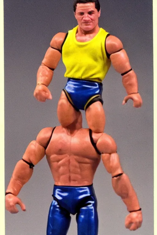 Image similar to volodymyr zelensky as a 1 9 8 0 s wrestling action figure, володимир зеленськии,