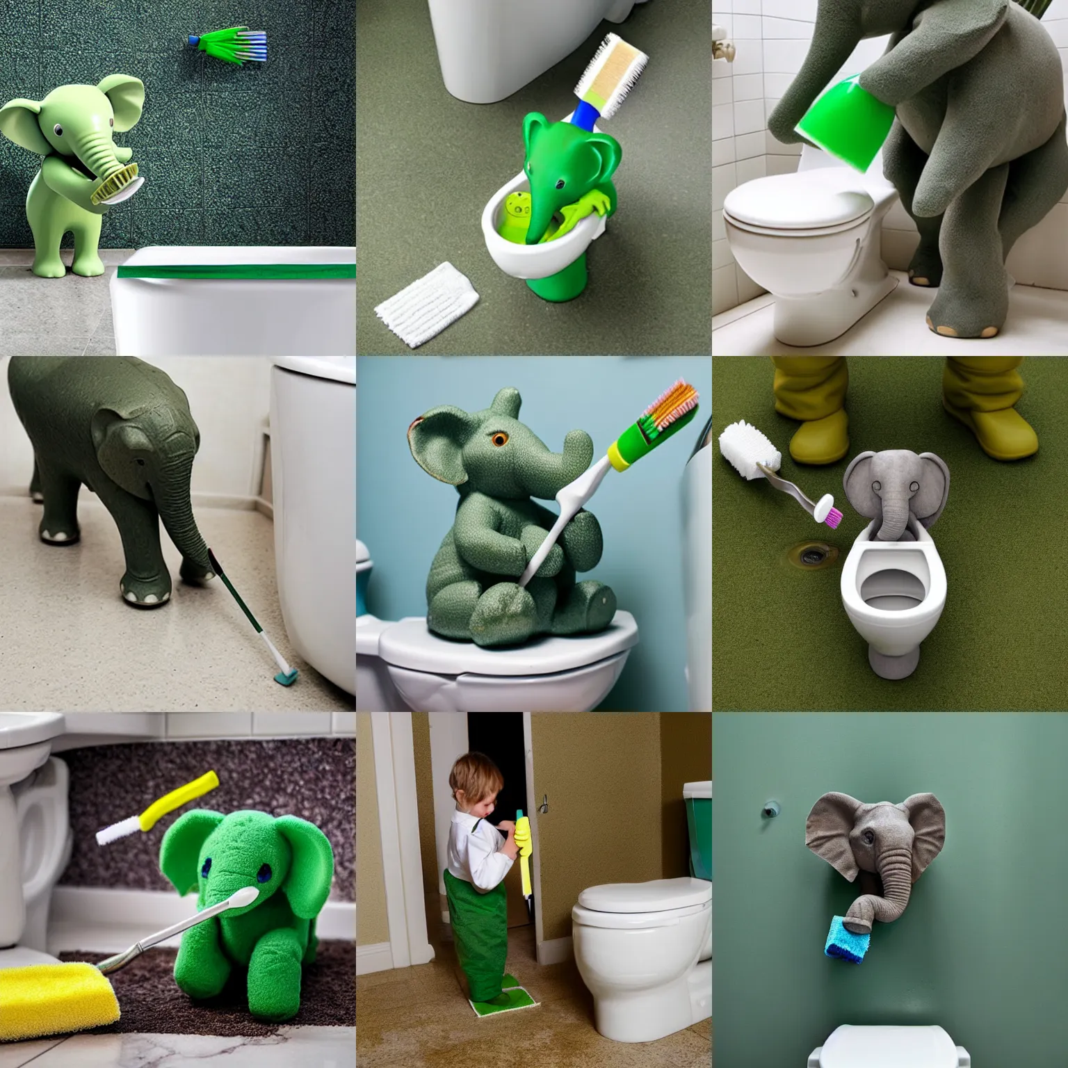 Prompt: cute little green elephant cleaning out a toilet with big toothbrush