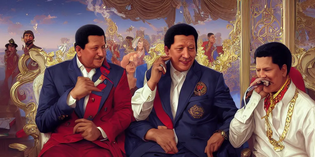 Prompt: hugo chavez and snoop dog inside a private jet, smoking, intricate, elegant, highly detailed, digital painting, artstation, concept art, smooth, sharp focus, illustration, art by artgerm and greg rutkowski and alphonse mucha and william - adolphe bouguereau