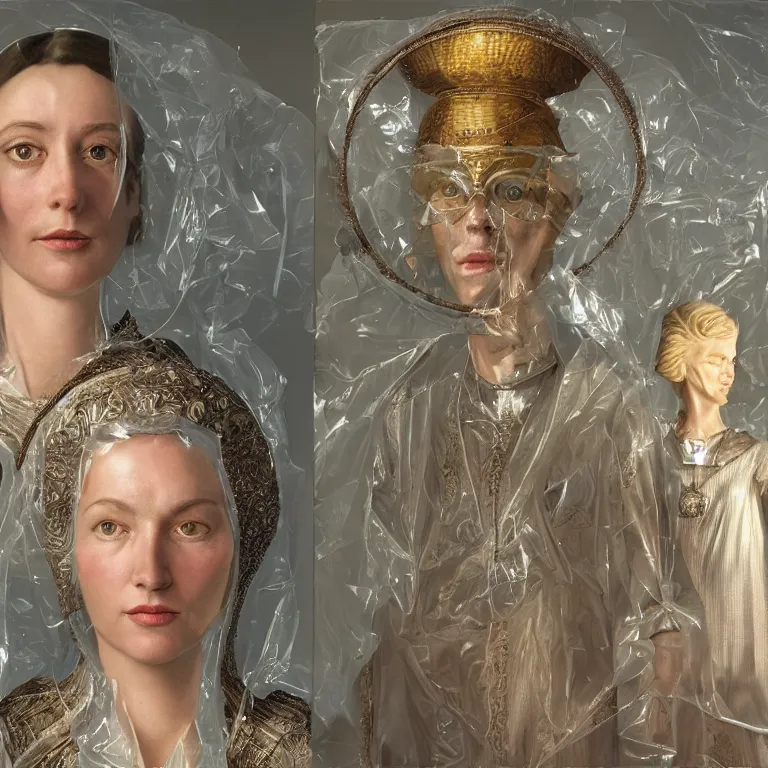 Prompt: octane render portrait by wayne barlow and carlo crivelli and glenn fabry and salvador dali and wes anderson, a 1 4 th century woman in a dramatic period dress made out of clear plastic sheets with a giant iridescent silver shakespeare style collar, cinema 4 d, ray traced lighting, very short depth of field, bokeh