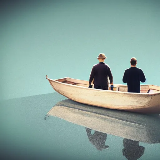 Prompt: realistic photo of a man standing in a small boat on endless broken mirrors
