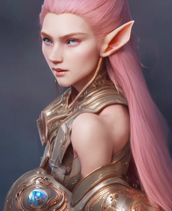 Image similar to a beautiful and highly detailed digital portrait of a dignified elf with long blue hair in rose gold armor by artgerm and lu ji, centered, artsation contest winner, cgsociety, fantasy art, cryengine, concept art, photorealism, daz 3 d, sketchfab, zbrush, vray