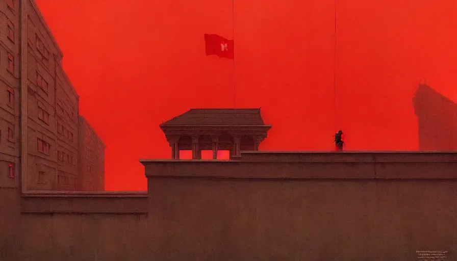 Image similar to only with red, soviet communism city cold atmosphere and with soviet flag, in the style of beksinski, by edward hopper and rodcenko and yue minjun and cory loftis, intricate and epic composition, red by caravaggio, highly detailed, masterpiece, red light, artstation, art nouveau