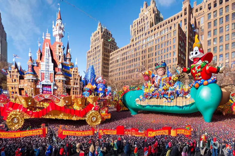 Image similar to photo of giant beautiful elaborate parade float castle designed by greg rutowski and geof darrow, in the macys parade, detailed 4 k photo, gigapixel, hyperdetailed