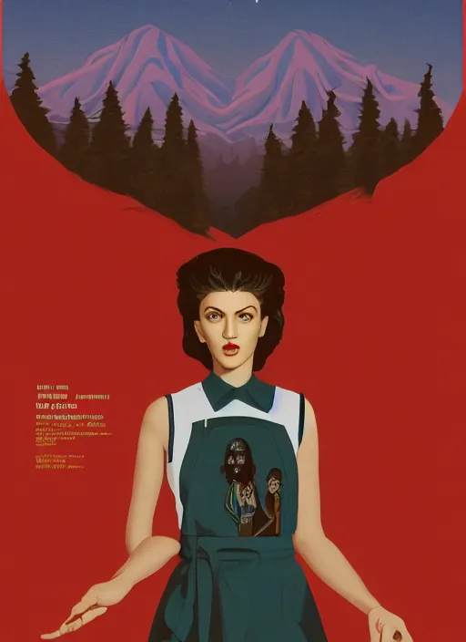 Image similar to Twin Peaks poster artwork by Michael Whelan, Bob Larkin and Tomer Hanuka, Karol Bak of portrait of Zendaya is a high school student working at the diner wearing light blue waitress dress, from scene from Twin Peaks, simple illustration, domestic, nostalgic, from scene from Twin Peaks, clean