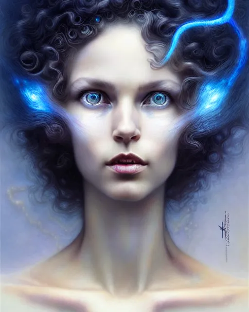 Prompt: a detailed portrait of dreampunk female model ( curls ) fractal ( glass ) ( lightning ) beautiful! ( ( blue eyes ) ) by tomasz alen kopera and peter mohrbacher and johanna martine! and margaret keane! elegant alluring seductive luminescent
