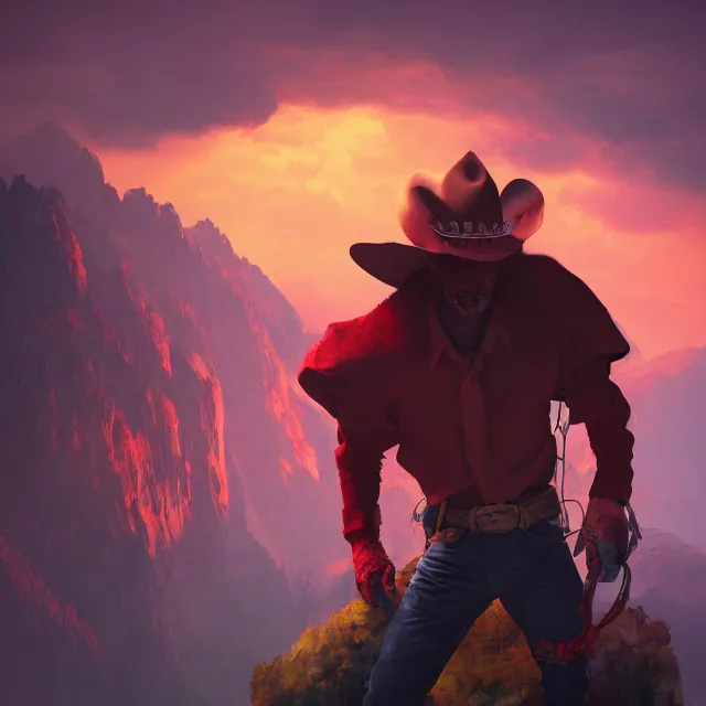 Prompt: a portrait of a bloody mysterious colorful cowboy in a mountain scenery, cartoon, unreal engine, octane render, artstation, digital art.