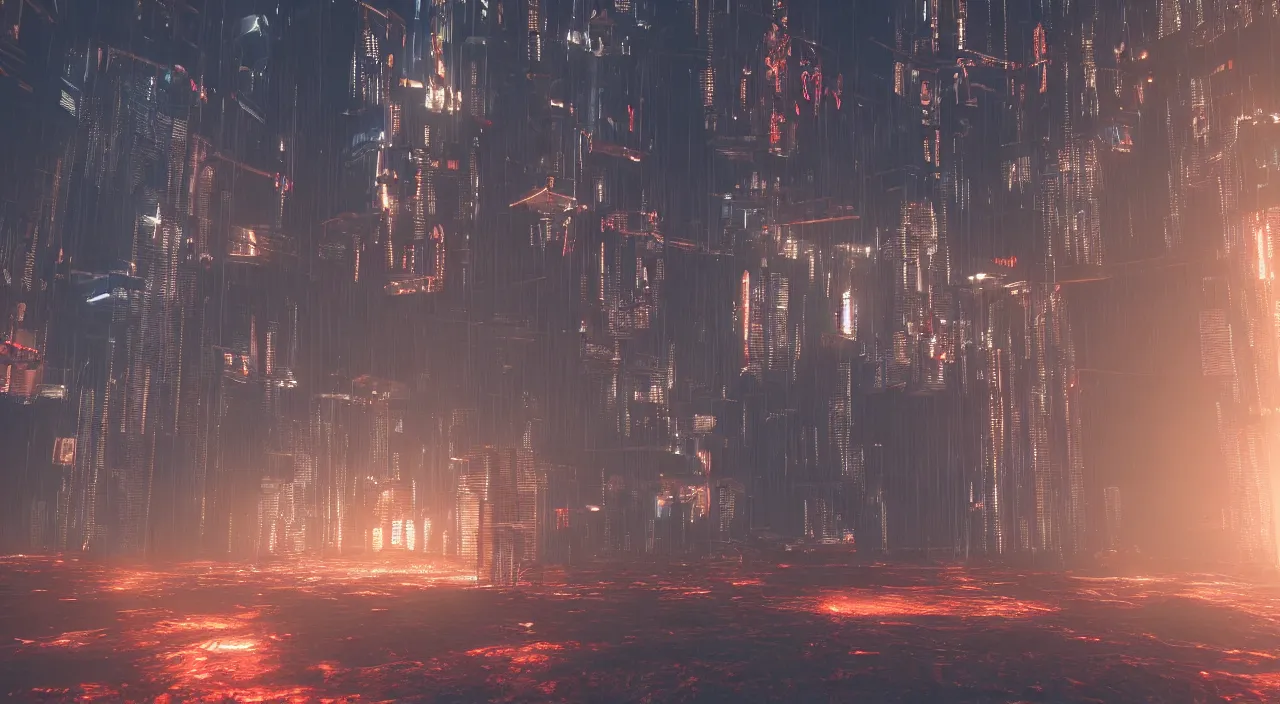 Prompt: cyberpunk gates of hell in purgatory, cinematic lighting, hyper realistic, 8 k photography, octane render