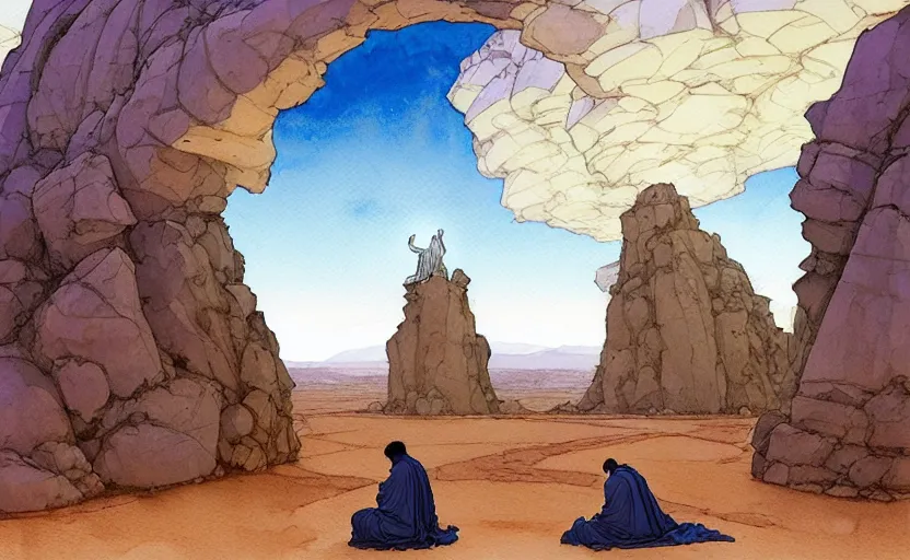 Image similar to a hyperrealist watercolour concept art of a large rock formation with a dimensional portal in the sky. a medieval monk in grey robes is kneeling in prayer below it on a desert road. by rebecca guay, michael kaluta, charles vess and jean moebius giraud. high detail, hq, wide shot