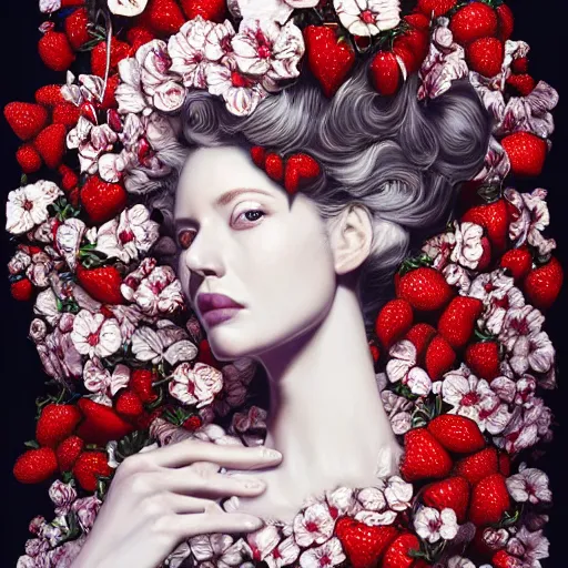 Image similar to the portrait of an absurdly beautiful, graceful, elegant, sophisticated, fashionable woman made of strawberries and white petals looking down, an ultrafine hyperdetailed illustration by kim jung gi, irakli nadar, intricate linework, bright colors, octopath traveler, final fantasy, unreal engine 5 highly rendered, global illumination, radiant light, detailed and intricate environment