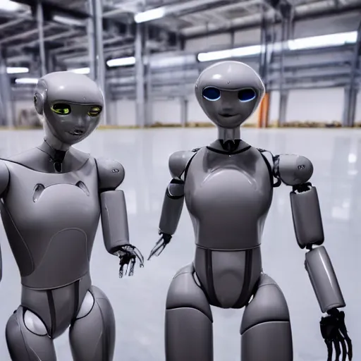Prompt: a high quality picture of 2 humanoid robots in a warehouse. they are having fun.