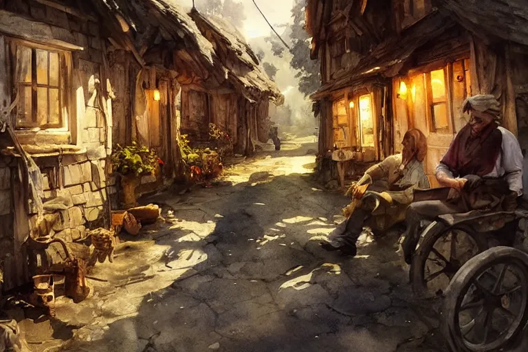 Image similar to watercolor painting of rustic village street, mud, scandinavian mythology, ambient lighting and shadows, art by hans dahl, by jesper ejsing, art by anders zorn, wonderful masterpiece by greg rutkowski, cinematic light, american romanticism by greg manchess, creation by tyler edlin