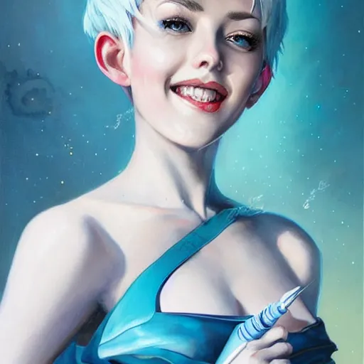 Image similar to a beautiful painting of a smiling woman with stylish short blue hair and sparkling blue eyes representative of the art style of artgerm and wlop and peter mohrbacher, portrait, mischievous grin