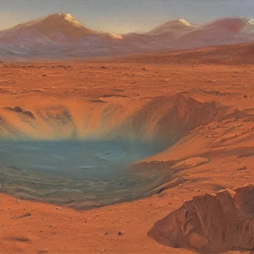 Prompt: oil painting, view from the surface of mars of mount olympus