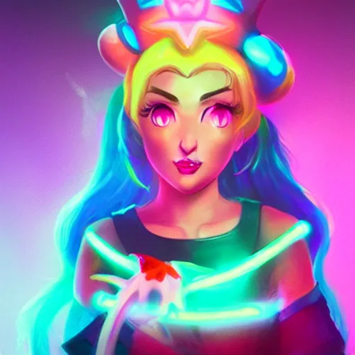 Image similar to Princess peach mixed with jinx from league of legends with neon lighting, trending on artstation, by WLOP