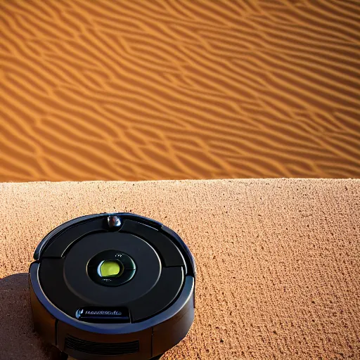 Prompt: peaceful Roomba for monitoring the australian desert, XF IQ4, 150MP, 50mm, F1.4, ISO 200, 1/160s, dawn, golden ratio, rule of thirds