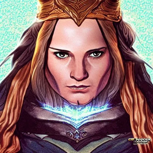 Prompt: a still from “ lord of the rings ” of a head and shoulders portrait of a female elf wizard, comic book cover photo by phil noto