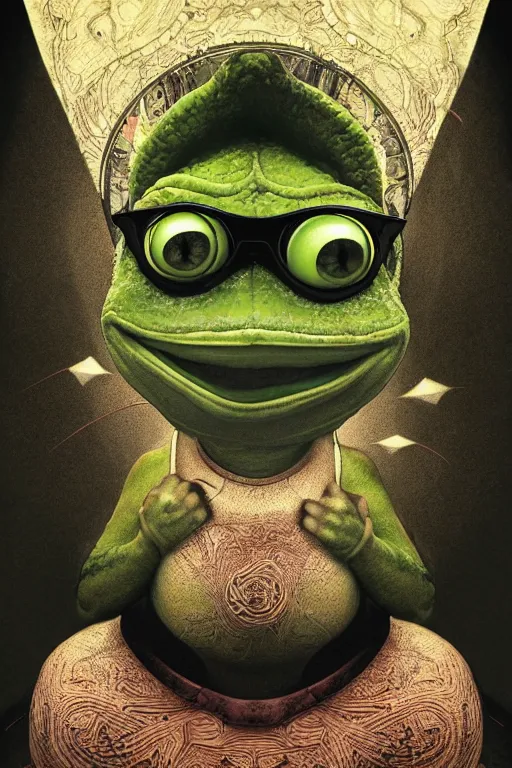 Prompt: cinematic portrait of Pepe the Frog. Centered, uncut, unzoom, symmetry. charachter illustration. Dmt entity manifestation. Surreal render, ultra realistic, zenith view. Made by hakan hisim feat cameron gray and alex grey. Polished. Inspired by patricio clarey, heidi taillefer scifi painter glenn brown. Slightly Decorated with Sacred geometry and fractals. Extremely ornated. artstation, cgsociety, unreal engine, ray tracing, detailed illustration, hd, 4k, digital art, overdetailed art. Intricate omnious visionary concept art, shamanic arts ayahuasca trip illustration. Extremely psychedelic. Dslr, tiltshift, dof.  64megapixel. complementing colors. Remixed  by lyzergium.art feat binx.ly and machine.delusions. zerg aesthetics. Trending on artstation, deviantart