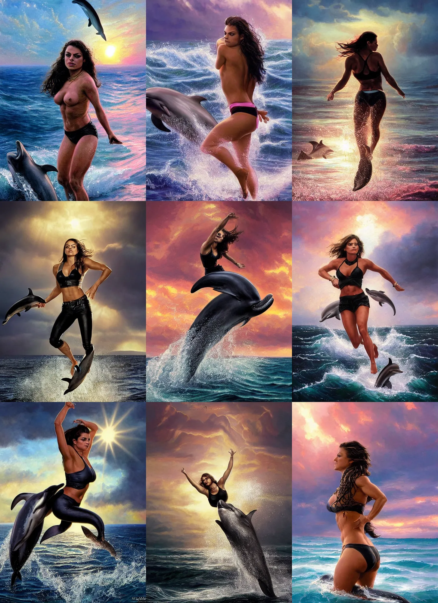 Image similar to epic portrait of six-pack muscled Mila Kunis wearing black choker riding a dolphin jumping from the water, sun rays across sky, pink golden hour, stormy coast, intricate, highly detailed, shallow depth of field, tentacles in the distance, epic vista, Ralph Horsley, Daniel F. Gerhartz, Artgerm, Boris Villajo, Lilia Alvarado