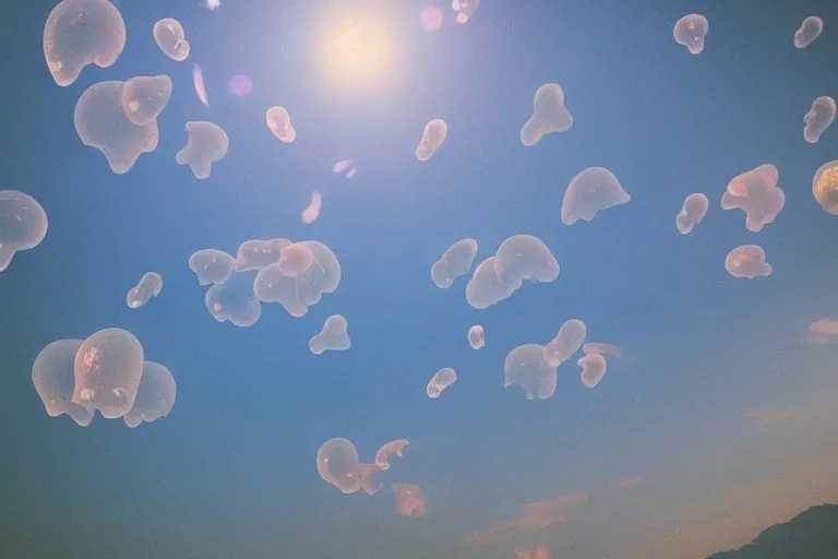 Prompt: “ translucent jellyfishes in the sky over a read ocean. ”