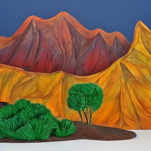 Prompt: This sculpture is simply stunning. It is a beautiful landscape sculpture of a desert scene, with mountains in the background and a bright sky. The colors are so vibrant and the detail is amazing. It is a truly beautiful sculpture. halloween by John Hejduk placid